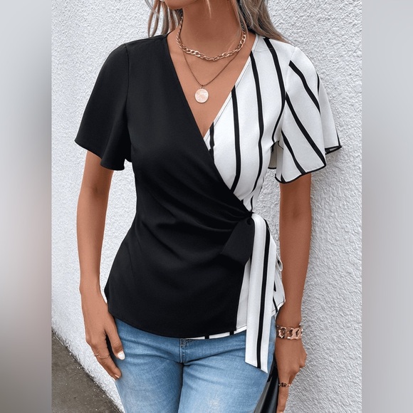 Surplice Neck Waist Tie Flutter Sleeve Blouse - Picture 1 of 4